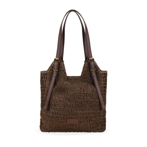 Bolso de hombro marrón en rafia con hebillas