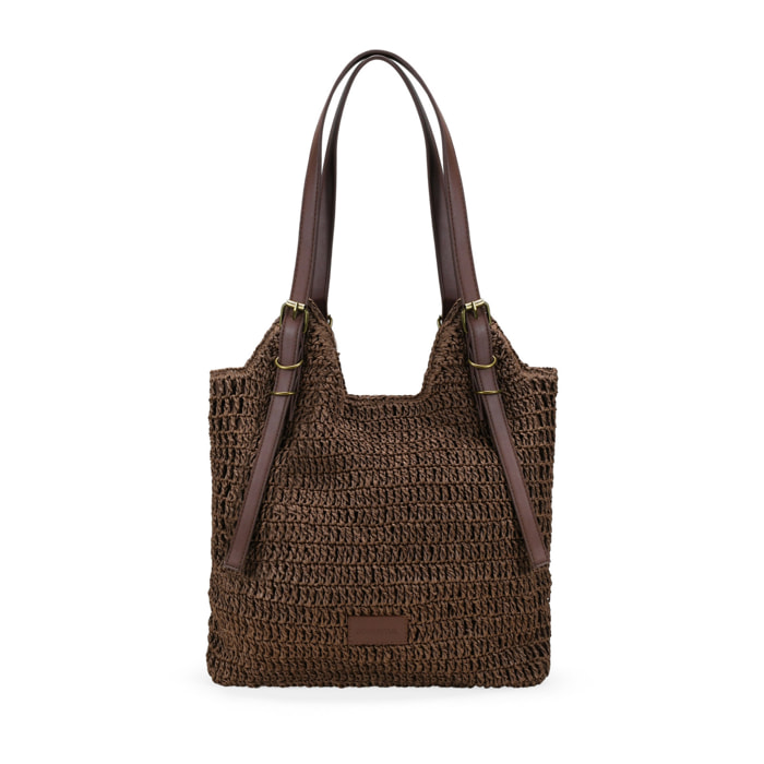 Bolso de hombro marrón en rafia con hebillas