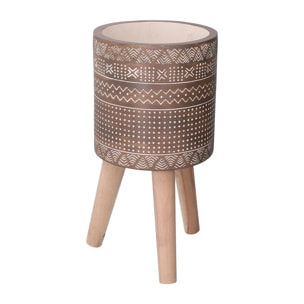 Vaso in cemento con gambe in legno marrone tondo cmø21,5h22/42