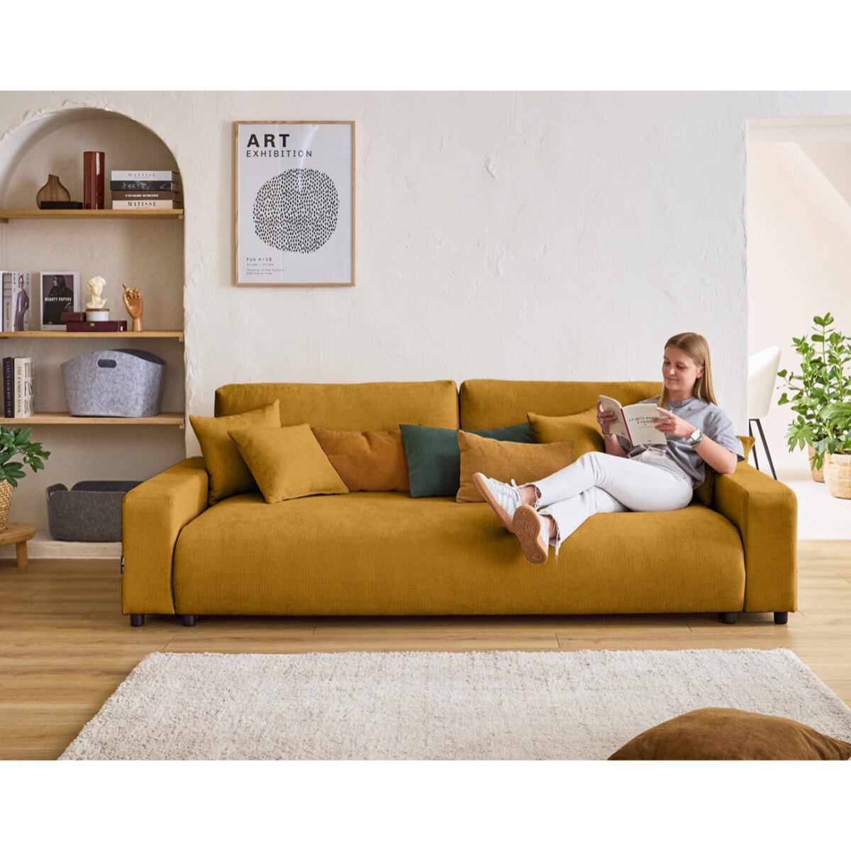 Pivoine - canapé droit 3 places - convertible avec coffre - en velours texturé - Jaune
