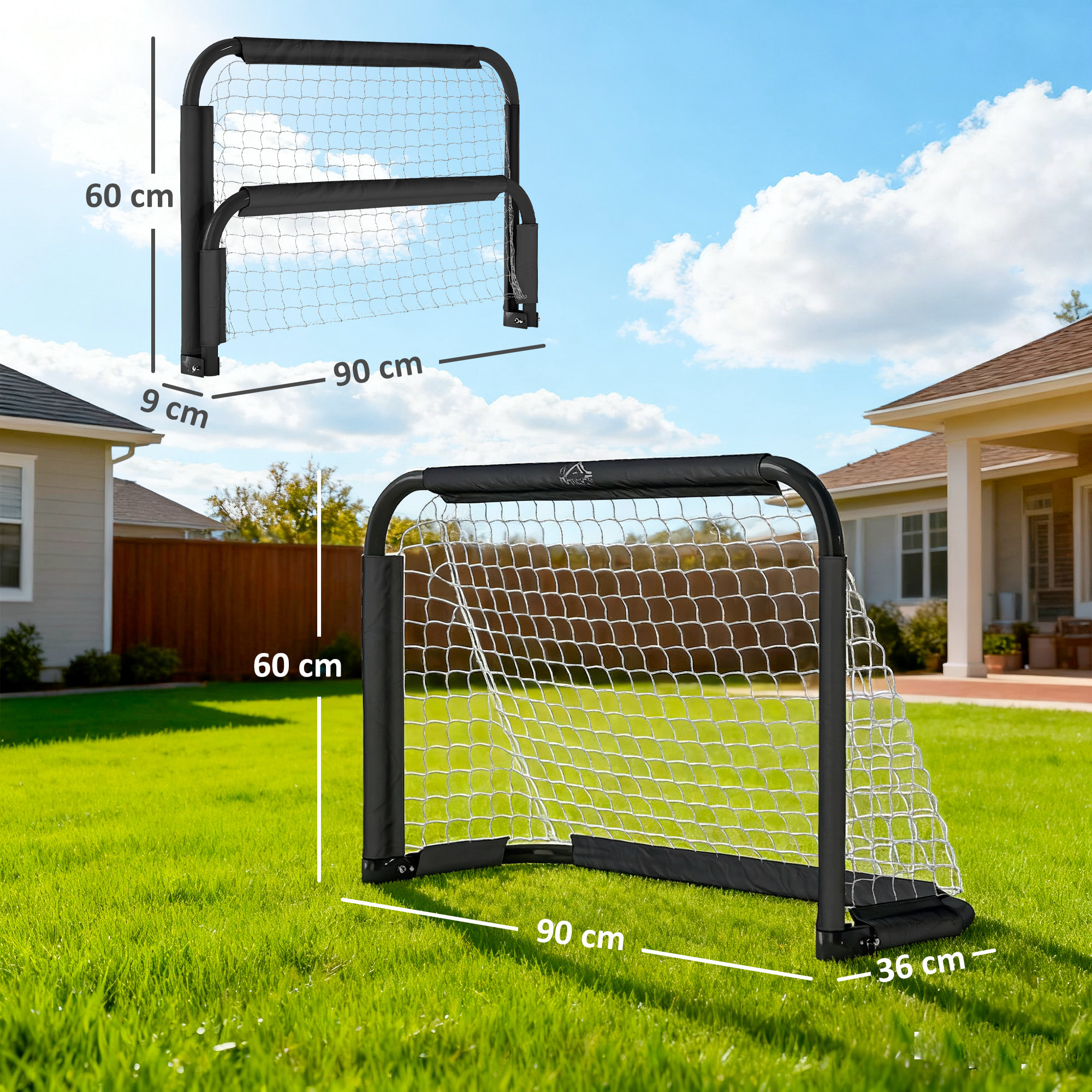Set de 2 Porterías Plegables de Fútbol Puertas de Fútbol Portátil con Soporte de Metal y Red para Entrenamiento en Jardín Aire Libre 90x36x60 cm Negro