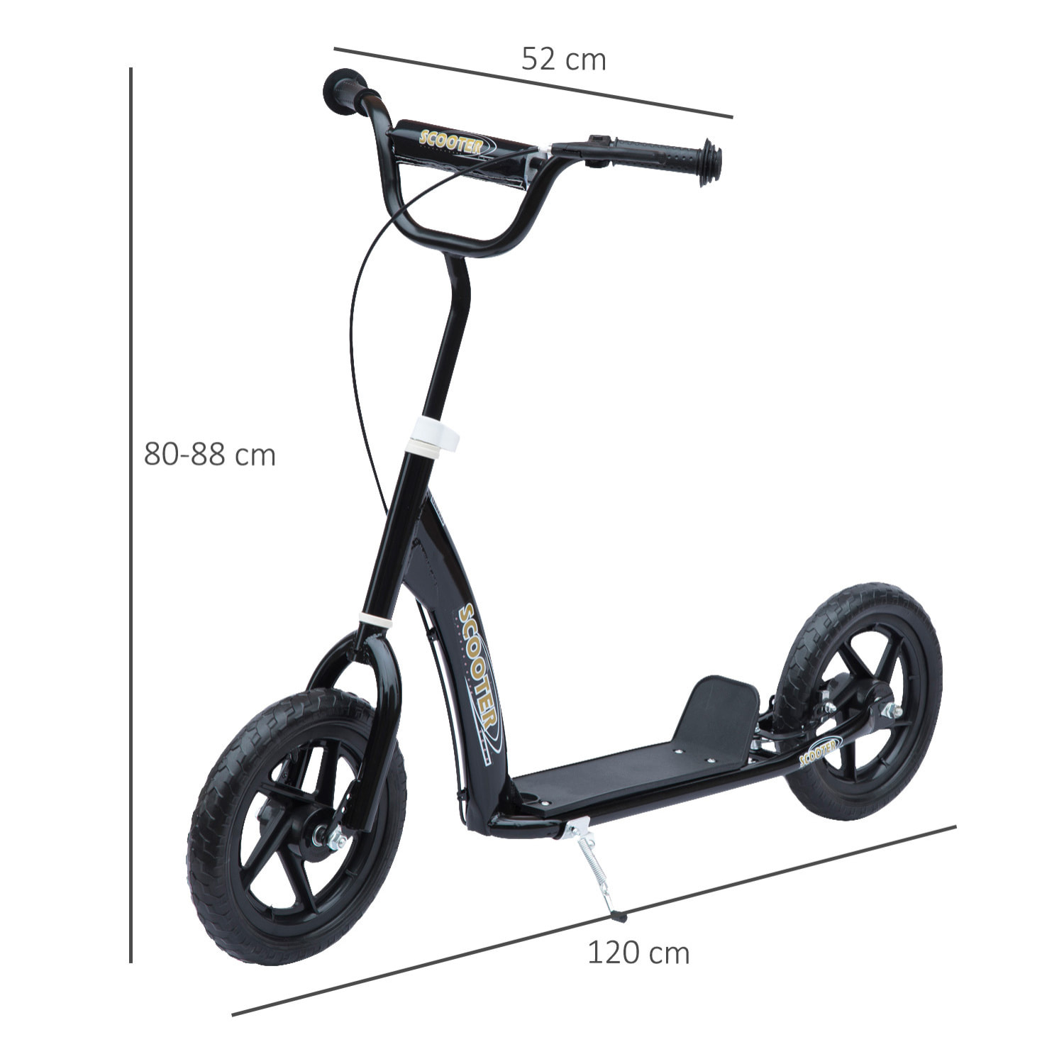 Patinete para Niños de 5-12 Años Scooter de 2 Ruedas Grandes de 12 Pulgadas con Freno y Manillar Ajustable en Altura Carga Máx. 50 kg 120x52x80-88 cm Negro