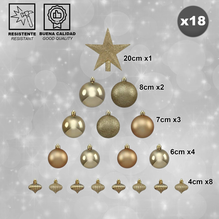 Kit de bolas de navidad 18 piezas oro