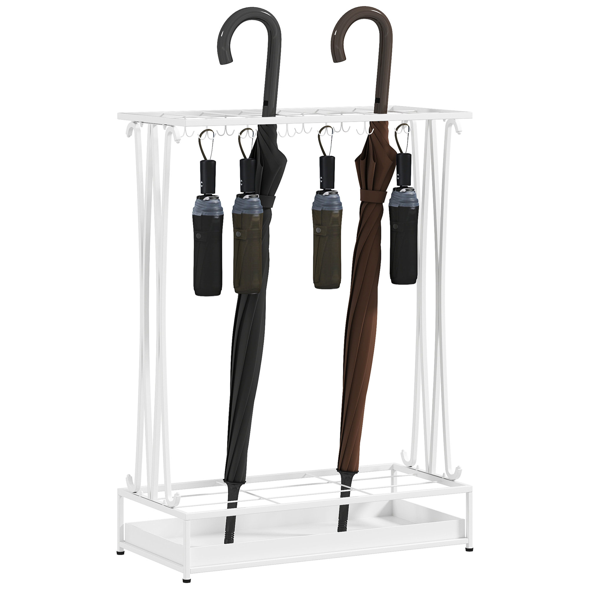 Paragüero Moderno Rectangular Soporte de Paraguas de Acero con 24 Ganchos 21 Espacios y Bandeja Recogegotas Extraíble Paragüero para Entrada Oficina 50x24x68 cm Blanco