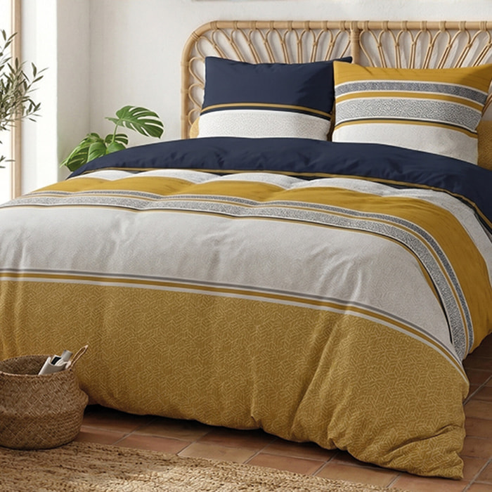 Parure housse de couette 240x220 cm imprimée graphique + 2 taies 100% Coton - JAISAÏ