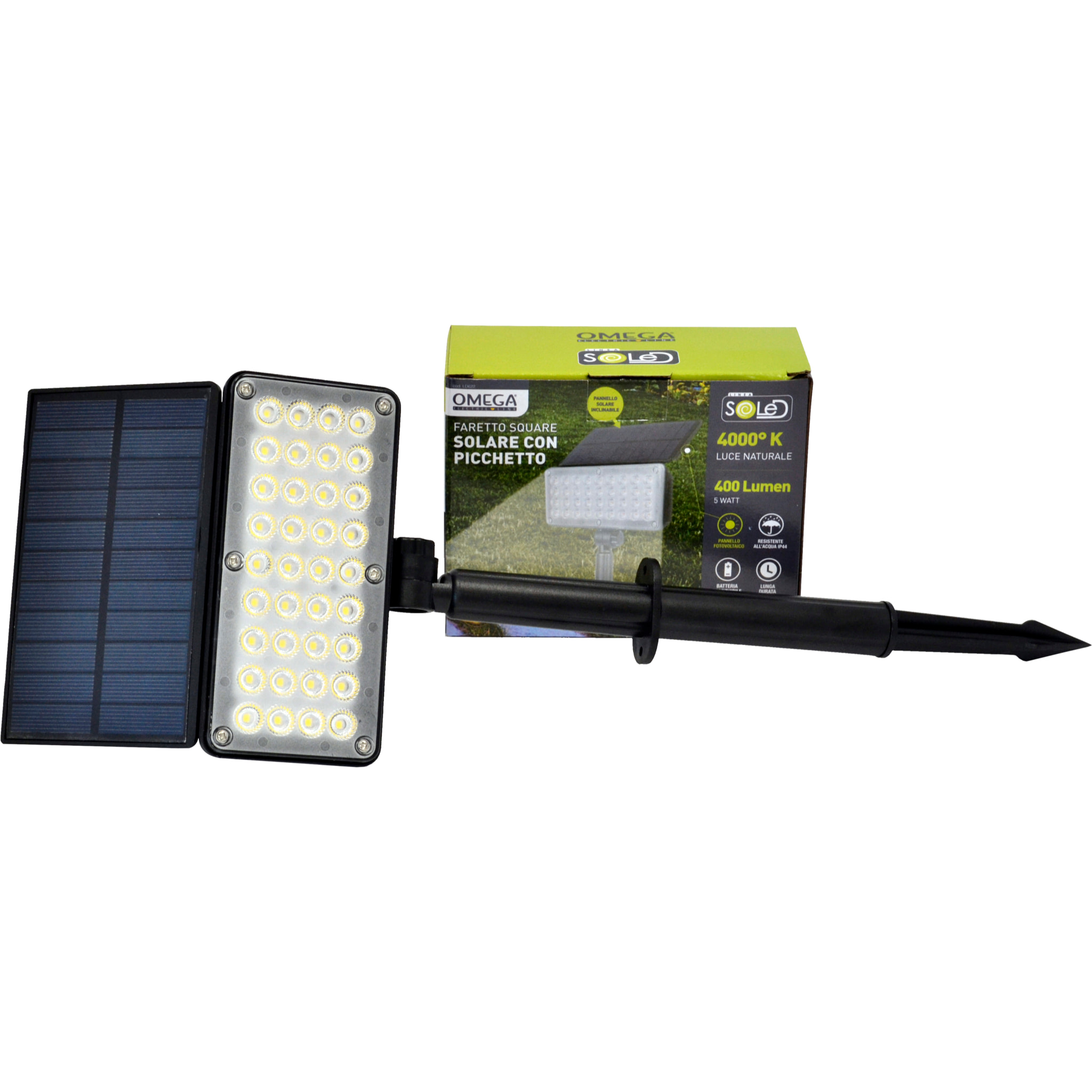OMEGA Faretto led solare square con picchetto 5w 4000k