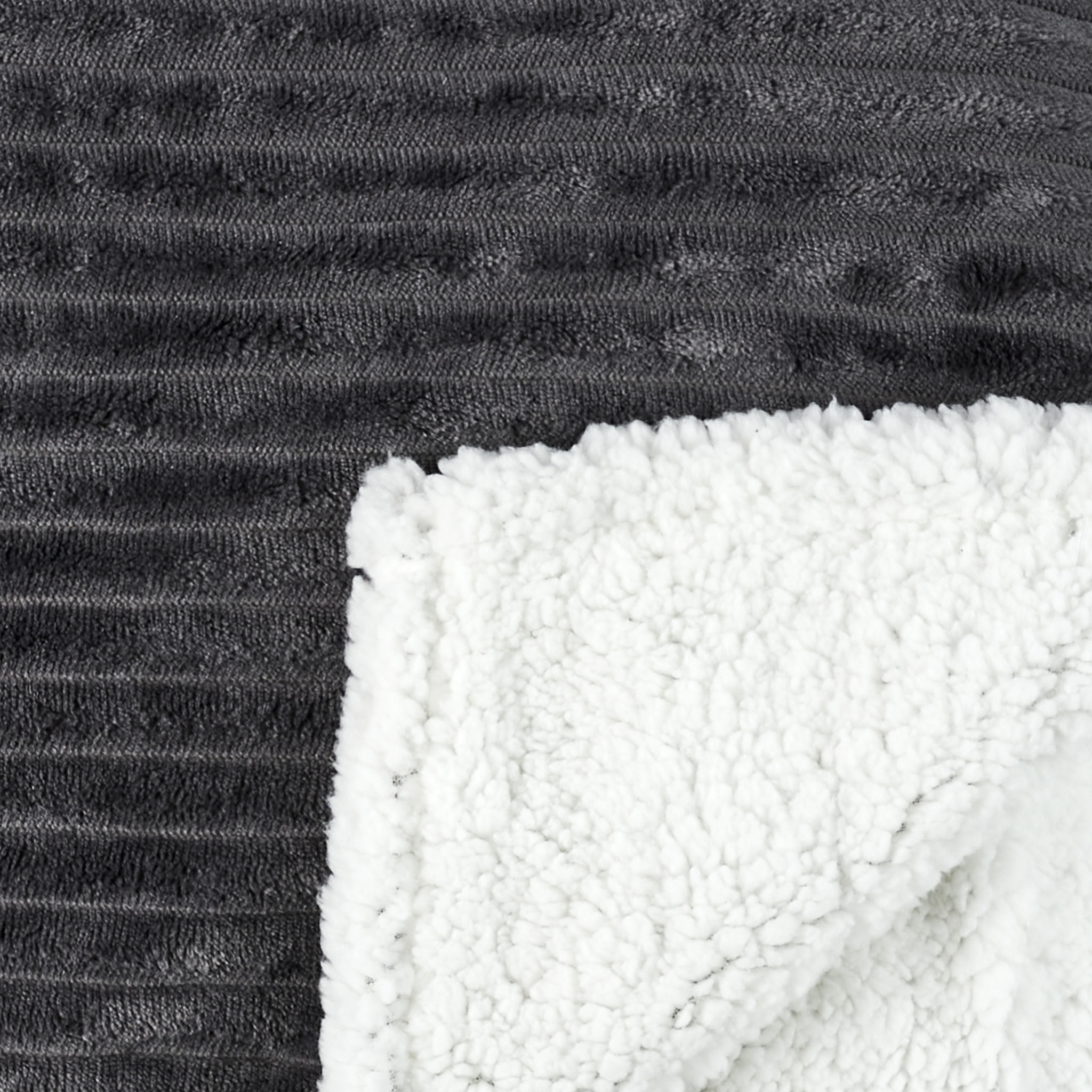 Plaid - HOME DECO FACTORY - Flanelle - Côtelé - Sherpa - Gris - 180 x 220 cm