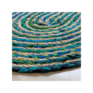 Tapis en jute tressée ovale bleu vert artisanat indien 90cm - SINNAR
