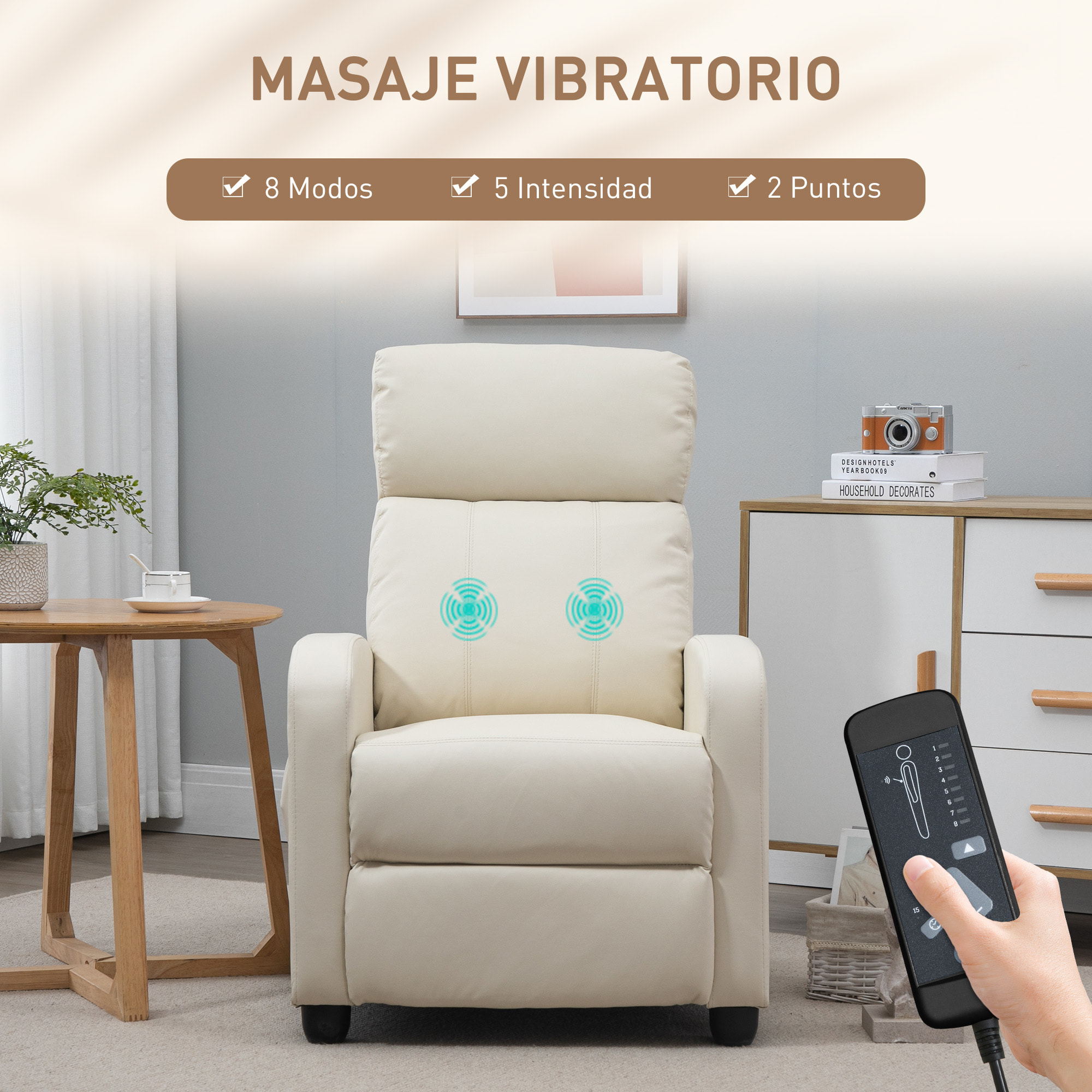 Sillón de Masaje Sillón Relax Reclinable con Mando a Distancia 2 Zonas de Masaje 8 Programas 5 Niveles de Intensidad 1 Bolsillo Lateral y Temporizador Tapizado en PU 68x88x98 cm Crema