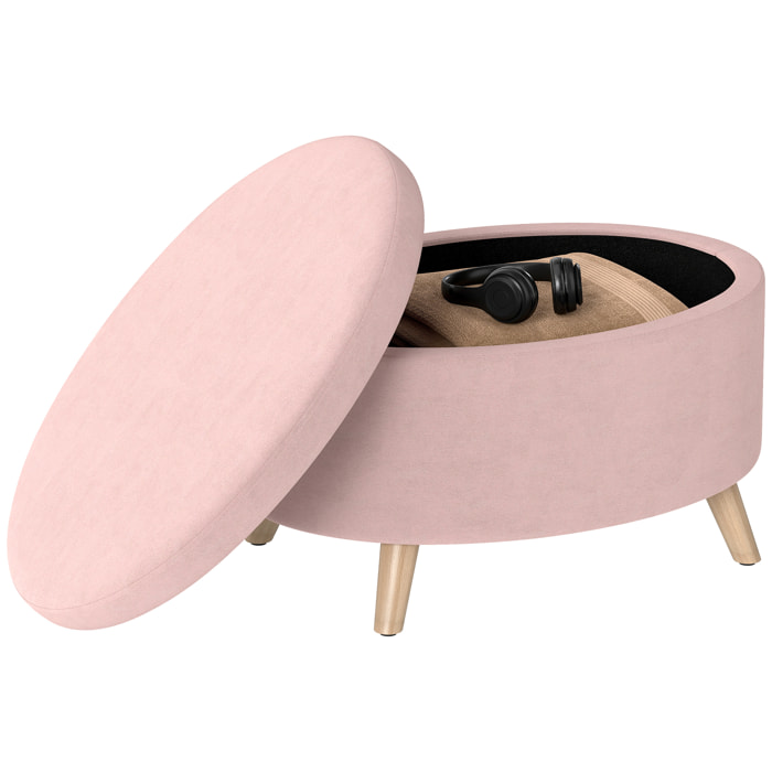 Puff Almacenaje Ovalado, Banco Almacenaje, 71x51,5x42 cm, Tapizado en Terciopelo, con Patas de Madera Maciza, Carga 120 kg, para Sala de Estar, Dormitorio, Entrada, Rosa Claro