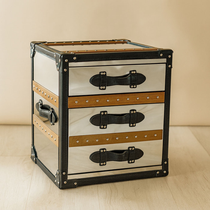 Meuble d'appoint 3 tiroirs en acier inoxydable et cuir