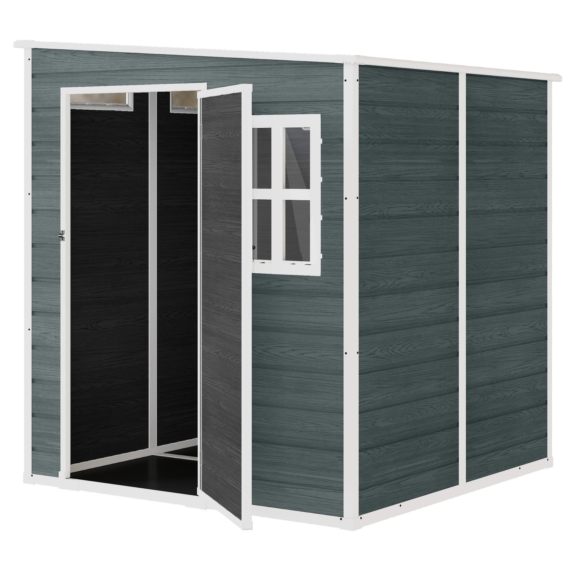 Abri de jardin 2,89 m² porte verrouillable plancher fenêtres aérations résine PP effet bois gris blanc