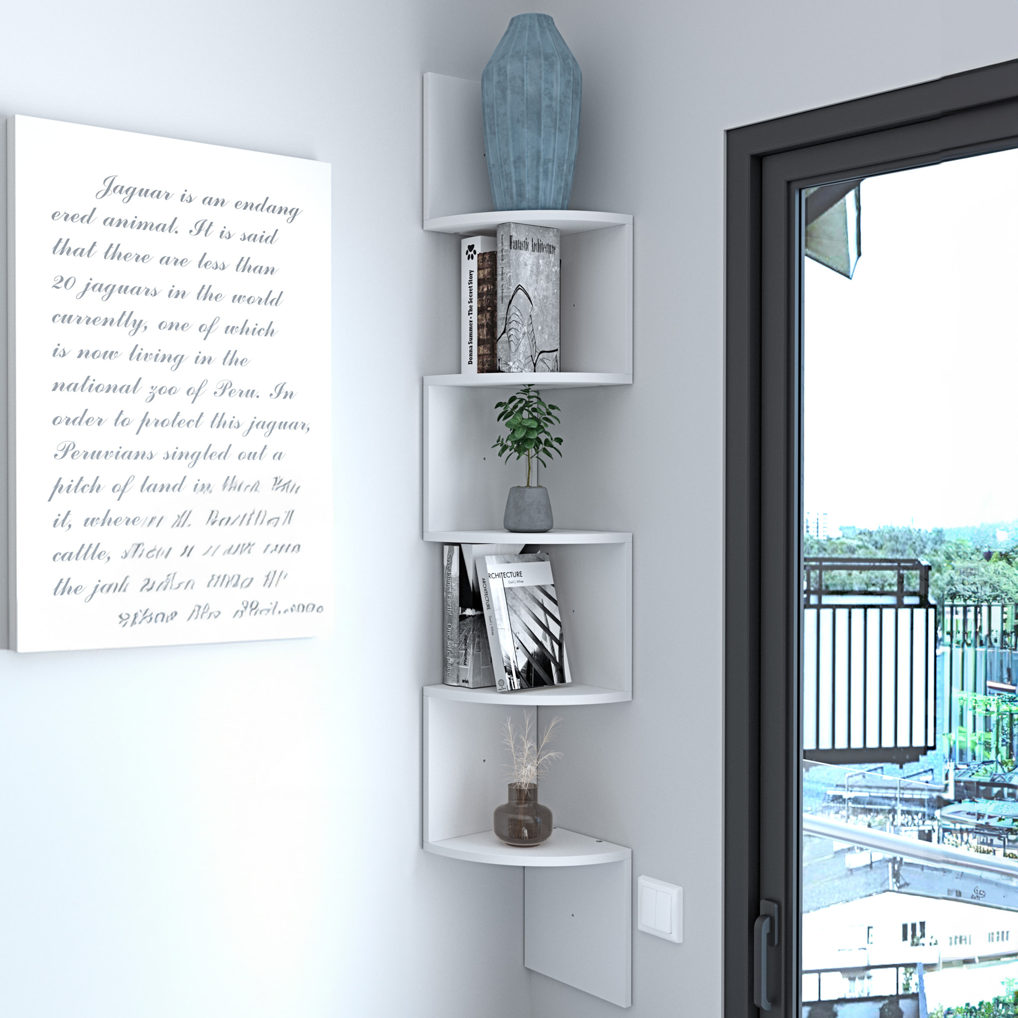 Libreria Angolare Scaffale 5 Ripiani Legno MDF Mensole Espositive da Parete Design Moderno Elegante Casa Soggiorno Salotto Studio 123x20x20 cm Bianco