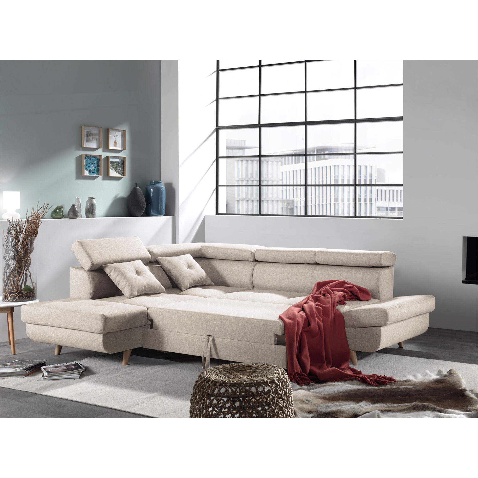 Linea - Canapé d'angle gauche convertible - 5 places - avec têtières - Beige