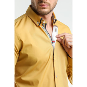 Camicia 1 Bottone Button Down Slim Uomo Popeline Stretch Unito Senape