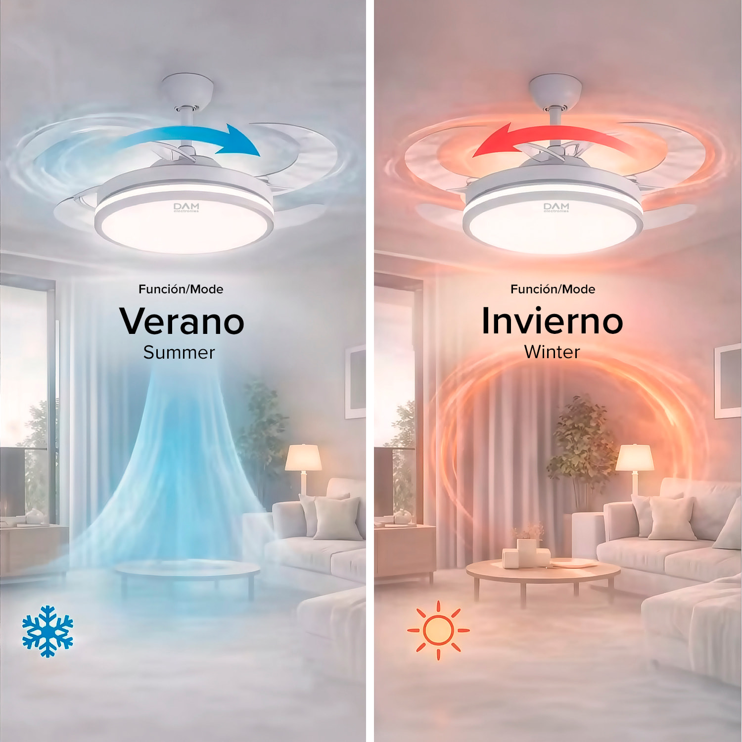 Ventilatore da soffitto L433 da 107 cm, pale retrattili, motore DC da 30 W, luce LED dimmerabile da 60 W, 6 velocità, modalità estate/inverno. Telecomando incluso.