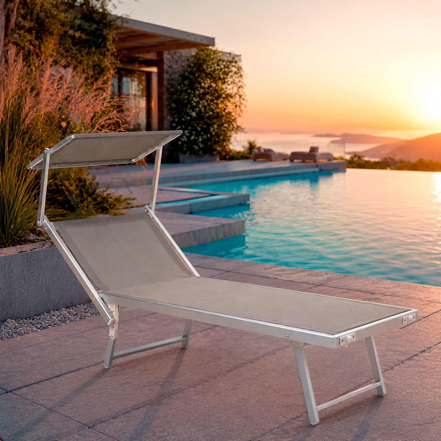 Lettino Prendisole Pieghevole Professionale in Alluminio e Tessuto Textilene Tettuccio Orientabile Parasole Sdraio Mare Spiaggia 182x60x38 cm Grigio