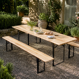 Set Birreria Completo Tavolo Con 2 Panche In Legno Naturale Gambe Pieghevoli Bar Pub Giardino Fiera Picnic Camping Campeggio Feste Sagre 200x70x75 Cm