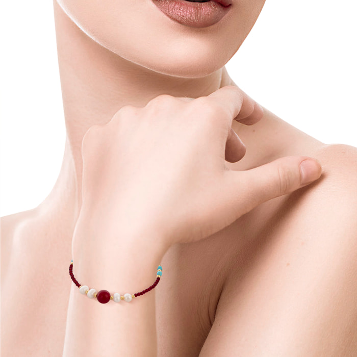 Marte Pulsera de perlas naturales con granate, turquesa y ágata roja, con cierre de mosquetón.