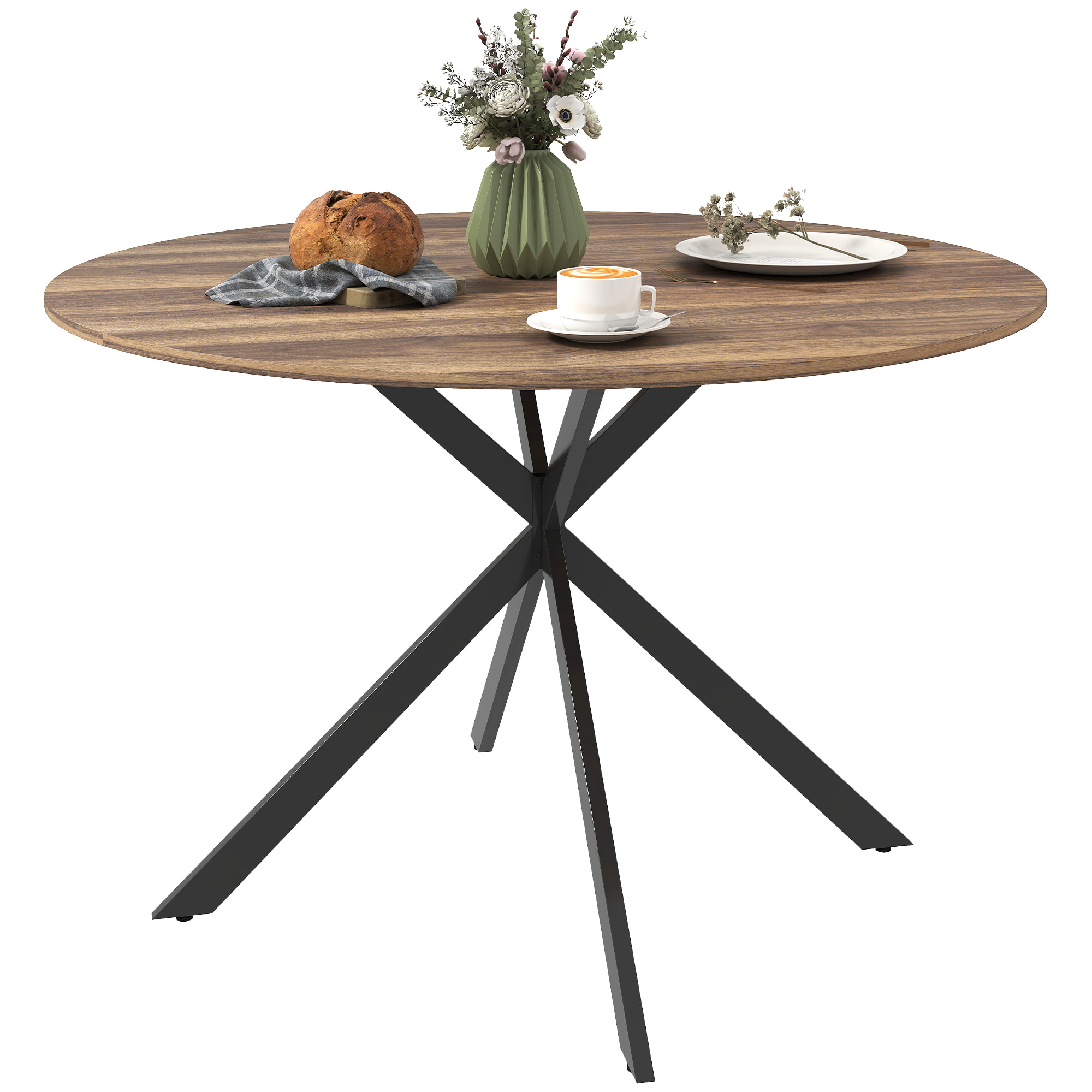 Table ronde bois 4 personnes dia. 120 cm style industriel piètement croisé acier noir noyer