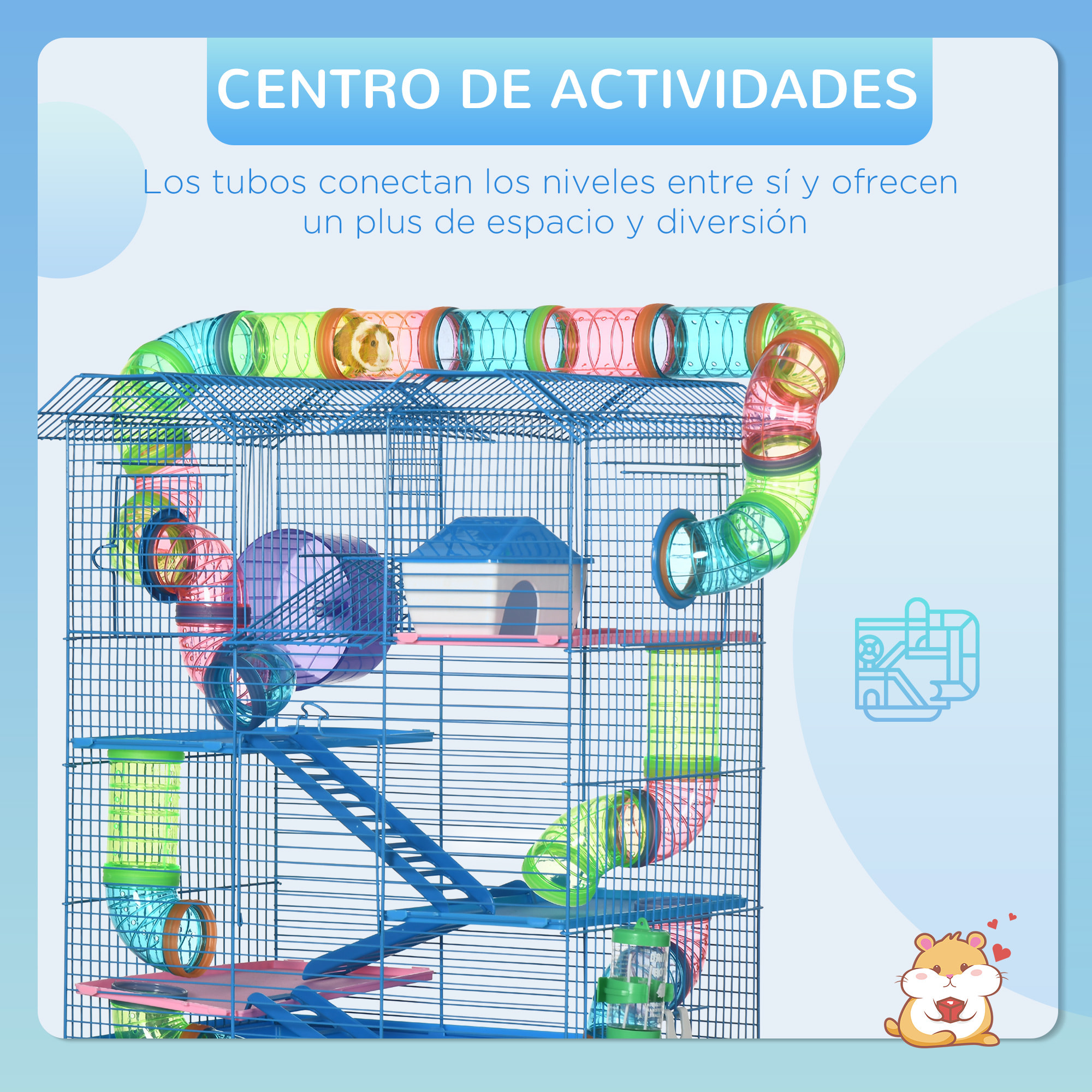 Jaula para Hámster Hábitat para Animales Pequeños de Múltiples Niveles con 4 Plataformas Bebedero Rueda de Ejercicio Escaleras Sistema de Tubos 47x30x59 cm Azul