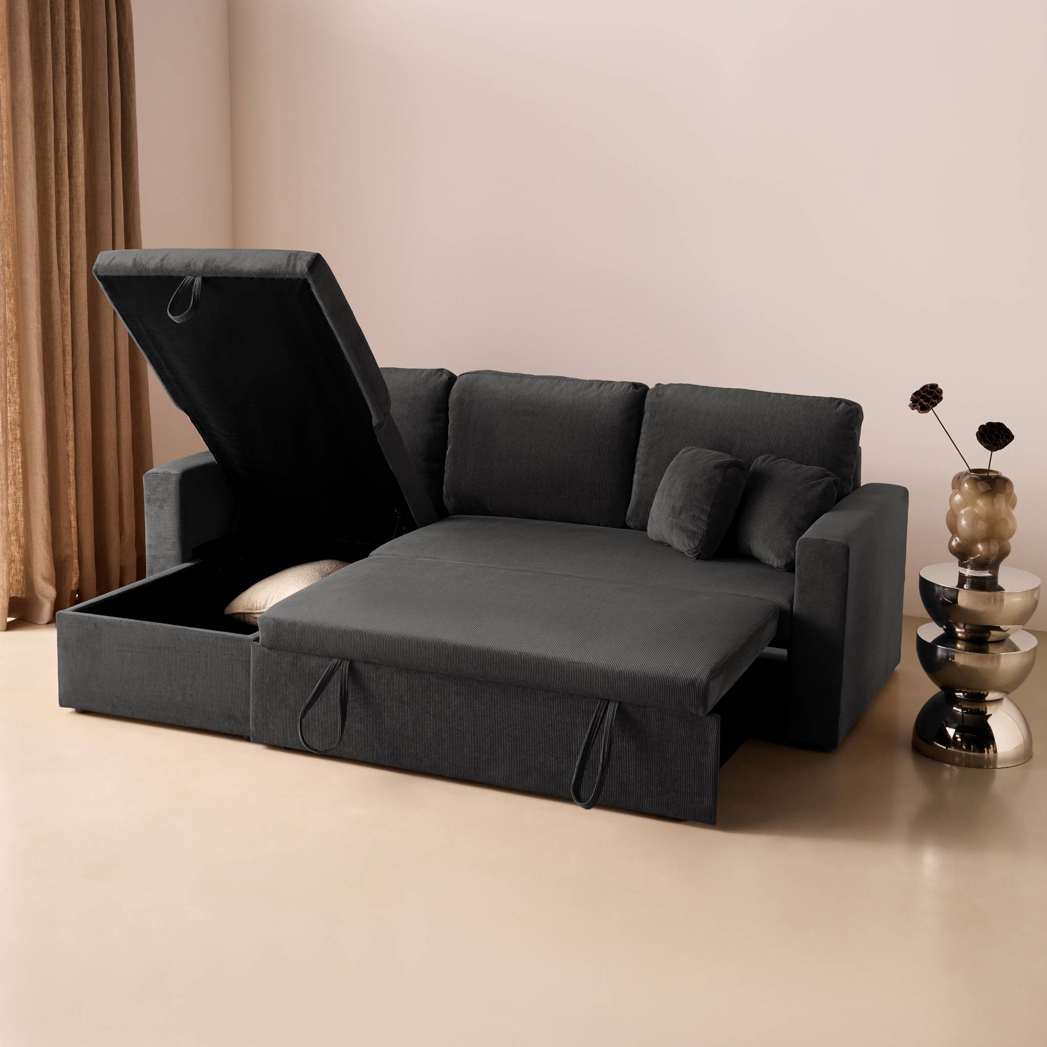 Canapé d'angle convertible réversible 3 places velours côtelé avec coffre IDA