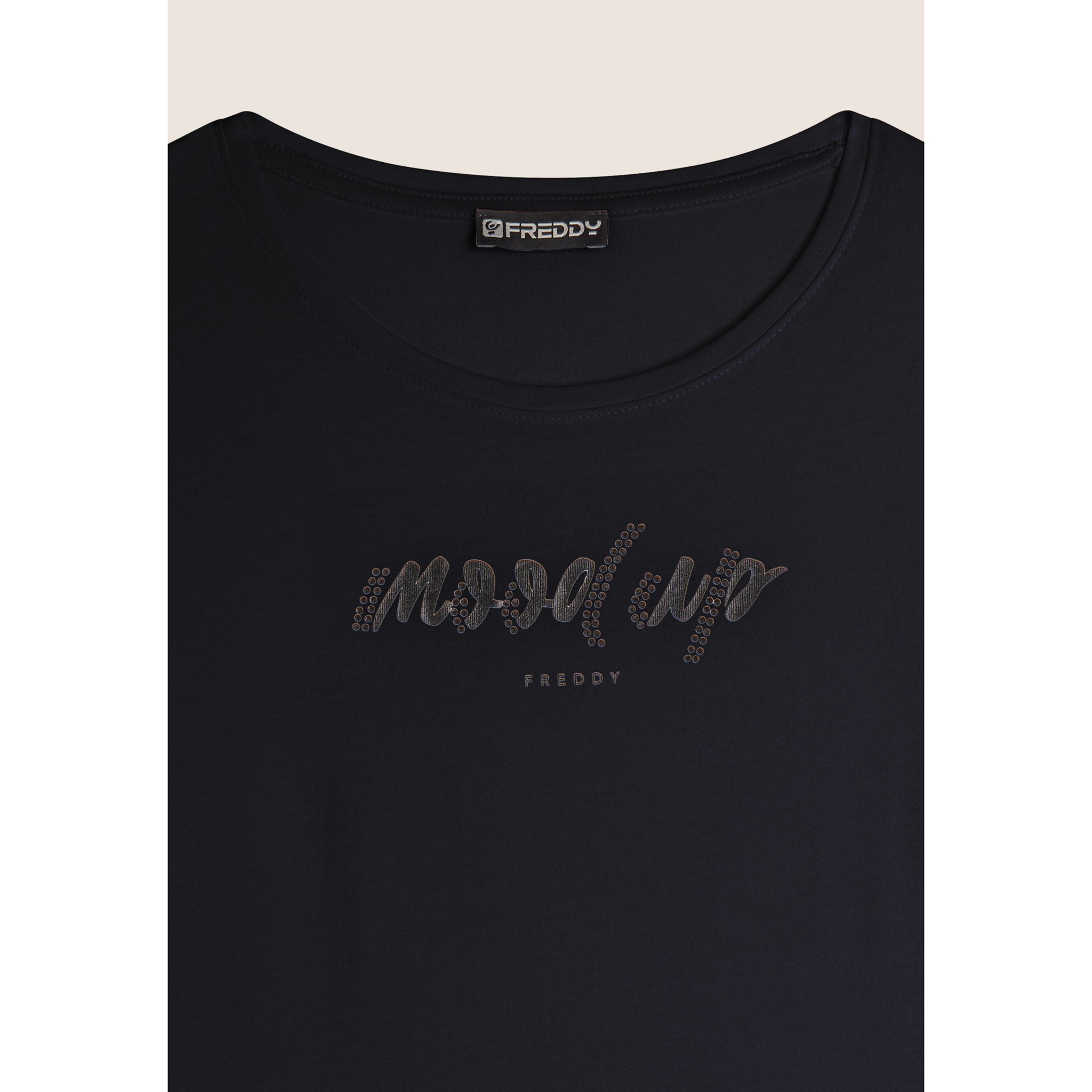 T-shirt donna girocollo con scritta decorata da strass