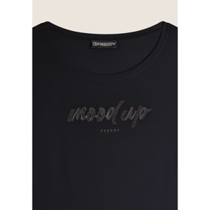 T-shirt donna girocollo con scritta decorata da strass