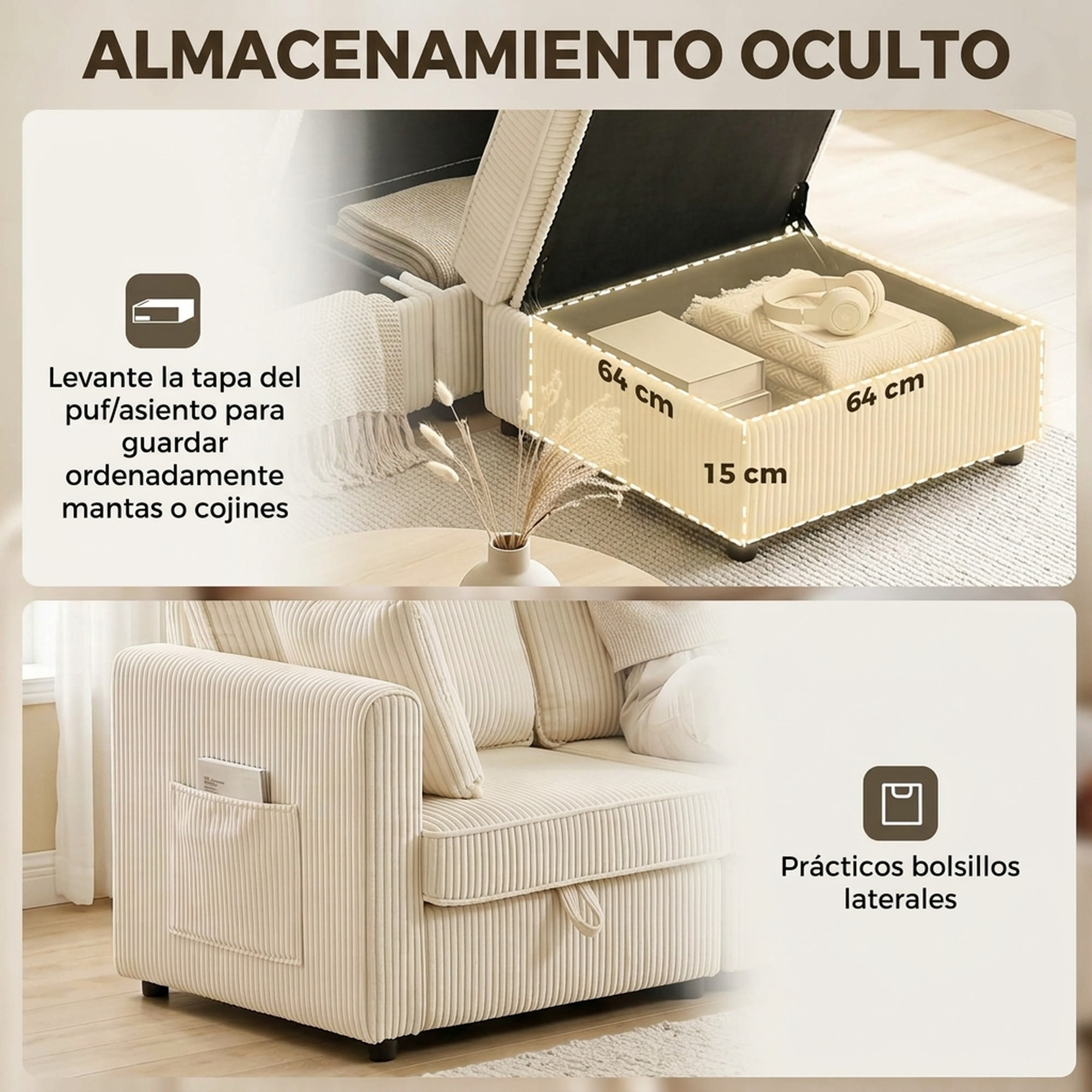 HOMCOM Sofá de 3 Plazas Seccional con Almacenaje, 235 cm, Sofá Modular de Pana con Otomana Reversible, en Forma de L, Asiento Ancho y Profundo, 3 Almohadas, Bolsillos Laterales, Crema