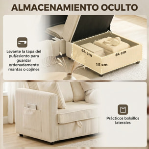 HOMCOM Sofá de 3 Plazas Seccional con Almacenaje, 235 cm, Sofá Modular de Pana con Otomana Reversible, en Forma de L, Asiento Ancho y Profundo, 3 Almohadas, Bolsillos Laterales, Crema