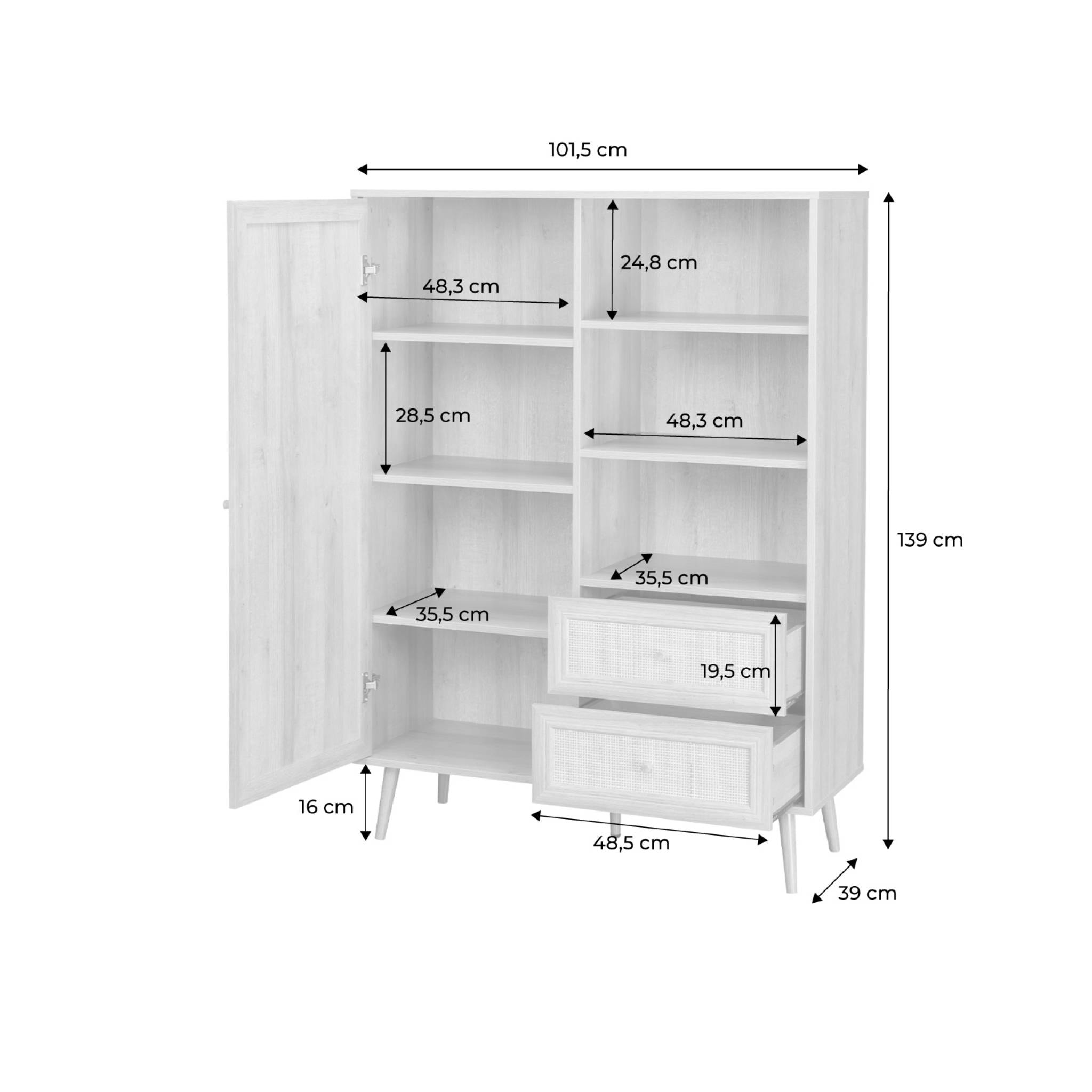 Buffet décor bois et cannage 1 porte 2 tiroirs 101,5cm BOHÈME