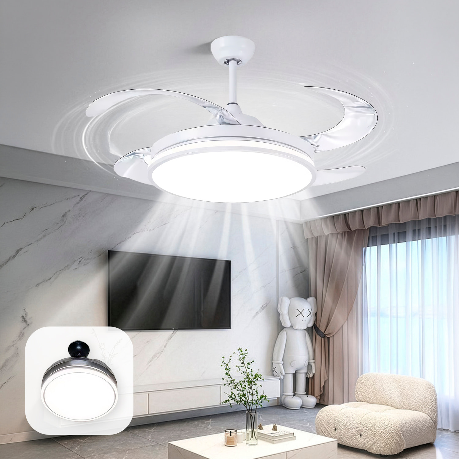 Ventilador de techo 7807 120 cm, aspas retráctiles, motor DC 36W, luz LED regulable 60W, 6 velocidades y modo invierno/verano. Control mediante mando a distancia o aplicación móvil.