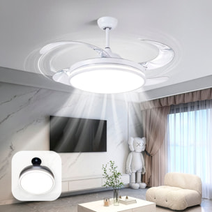 Ventilador de techo 7807 120 cm, aspas retráctiles, motor DC 36W, luz LED regulable 60W, 6 velocidades y modo invierno/verano. Control mediante mando a distancia o aplicación móvil.