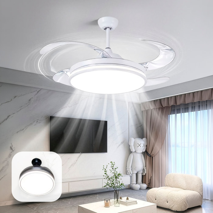Ventilador de techo 7807 120 cm, aspas retráctiles, motor DC 36W, luz LED regulable 60W, 6 velocidades y modo invierno/verano. Control mediante mando a distancia o aplicación móvil.
