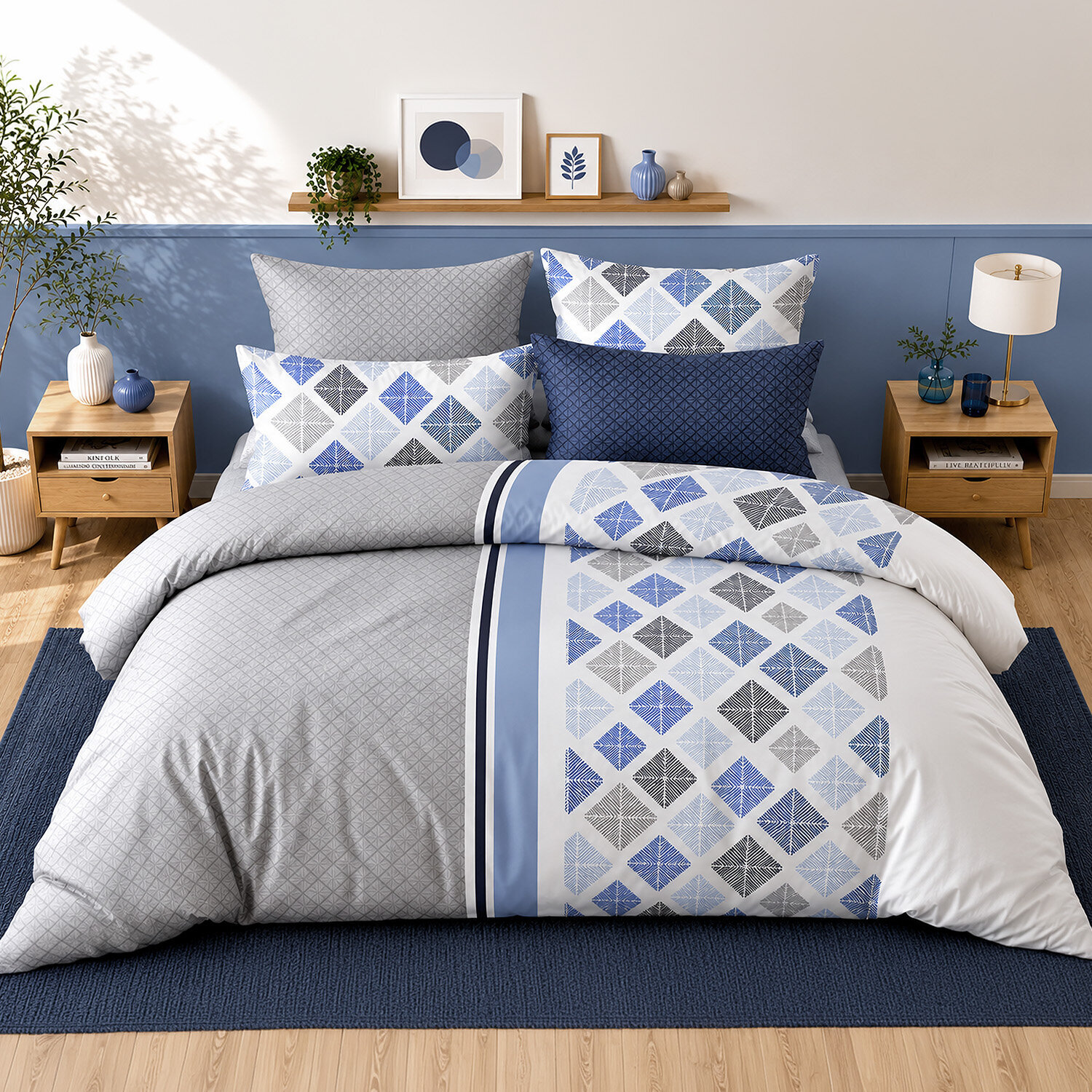 Parure housse de couette 100% percale de coton motif géométrique à losanges - BLUANCE