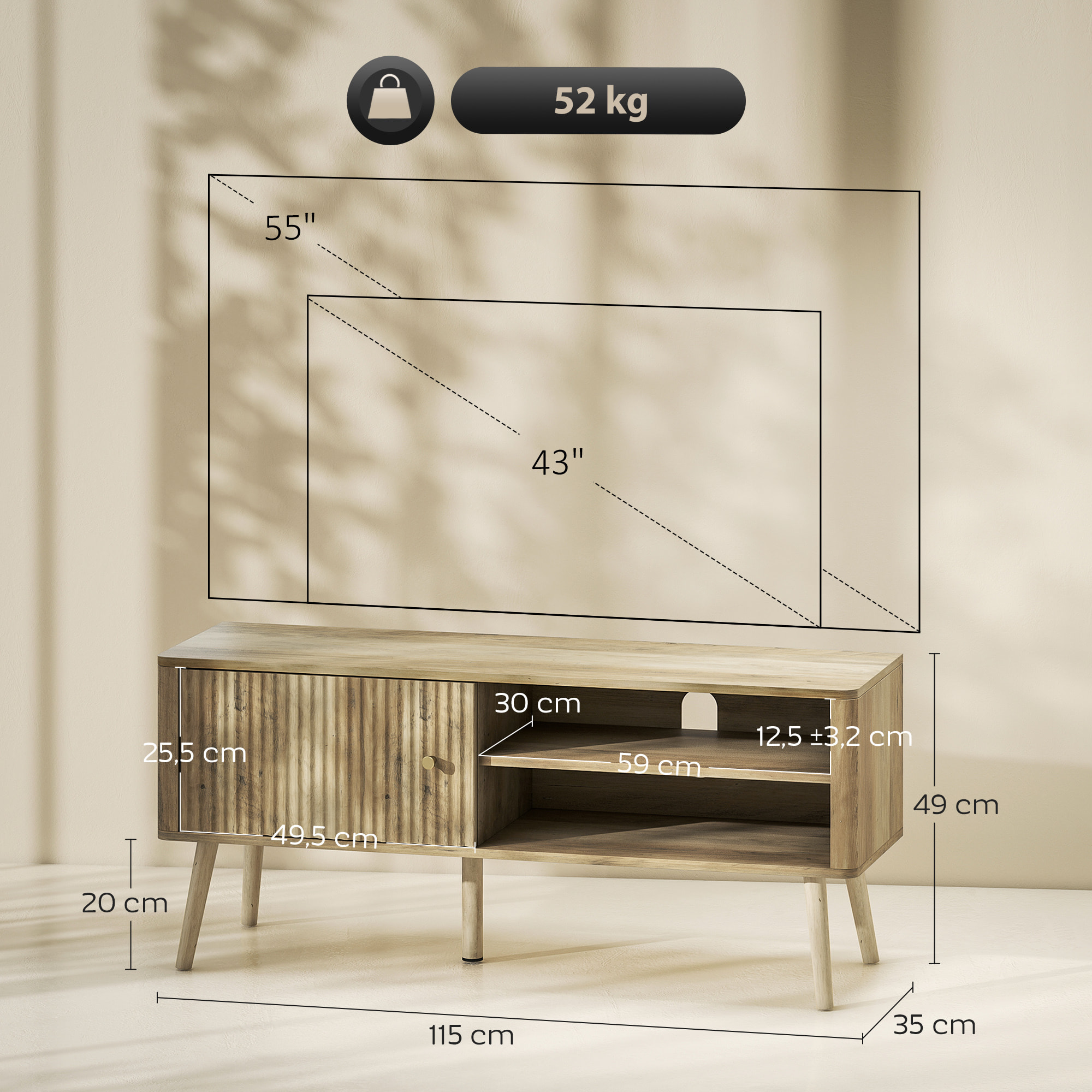 Meuble TV design effet cannelé naturel porte 2 niches bois de pin effet bois clair
