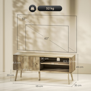 Meuble TV design effet cannelé naturel porte 2 niches bois de pin effet bois clair