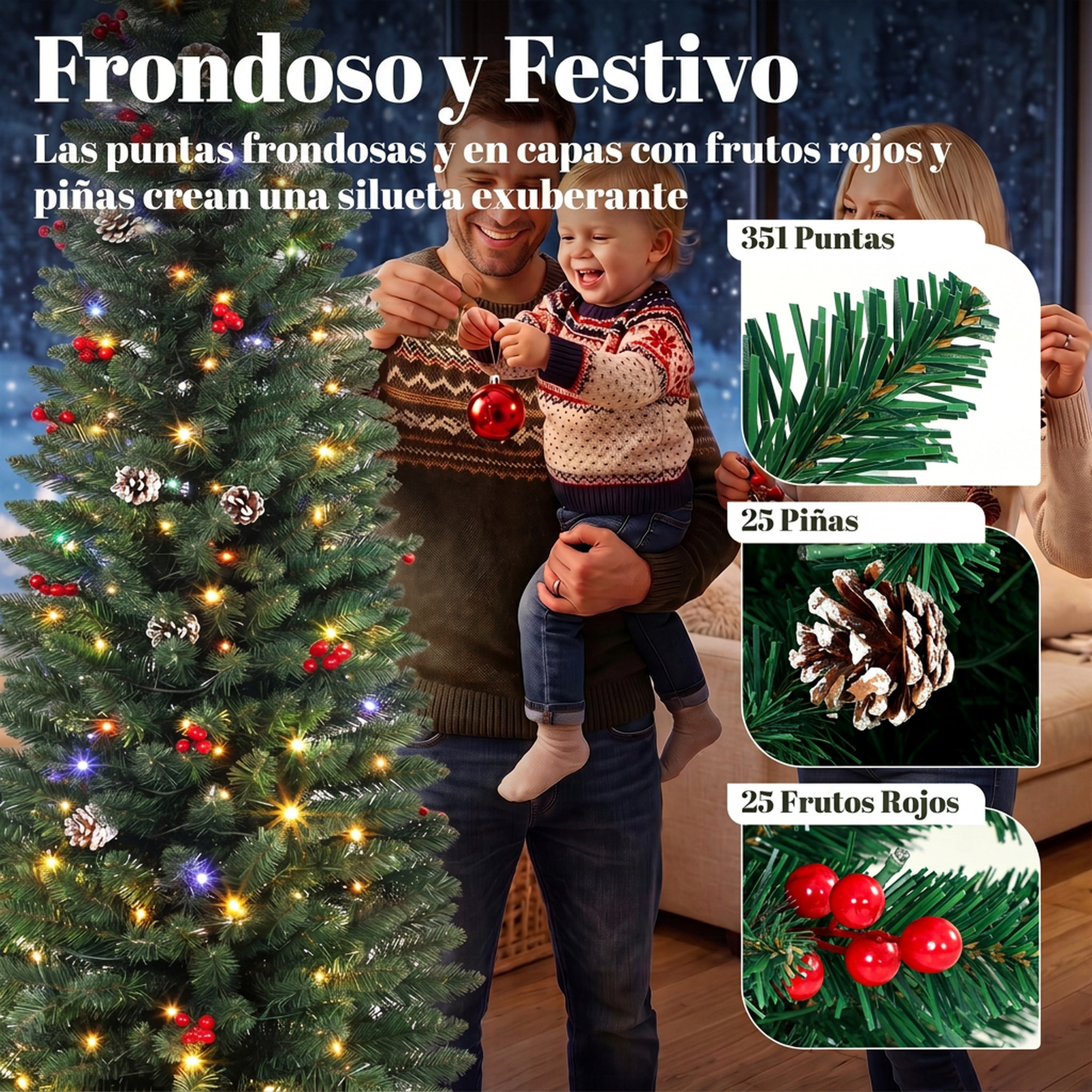 Árbol de Navidad Estrecho con 170 Luces LED Bicolor, 180 cm, Árbol de Navidad de Abeto, 351 Ramas Ignífugas, 11 Modos, 25 Piñas, 25 Bayas Rojas, Mando a Distancia, Estructura de Acero, Verde