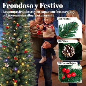 Árbol de Navidad Estrecho con 170 Luces LED Bicolor, 180 cm, Árbol de Navidad de Abeto, 351 Ramas Ignífugas, 11 Modos, 25 Piñas, 25 Bayas Rojas, Mando a Distancia, Estructura de Acero, Verde