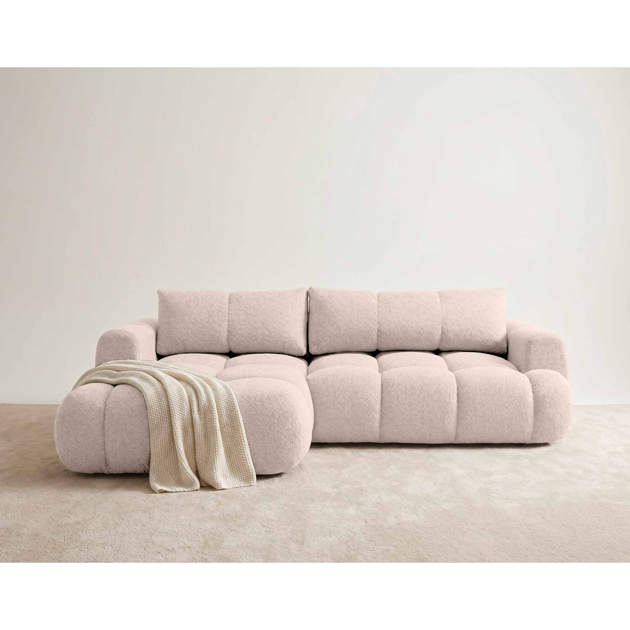 Yulin - Canapé d'angle gauche 4 places convertible avec coffre en tissu bouclette - Beige