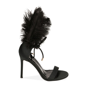 Sandalias de raso negras con plumas, tacón de 10,5 cm
