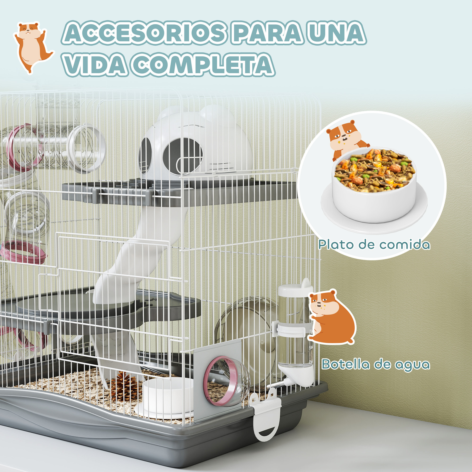 Jaula para Hámster, 45x30x45 cm, Casa para Animales Pequeños con Túnel, Plataformas, Cuenco, Bebedero, Casita, Rampas y Rueda de Ejercicio, para Hámsteres Enanos, Jerbos, Gris
