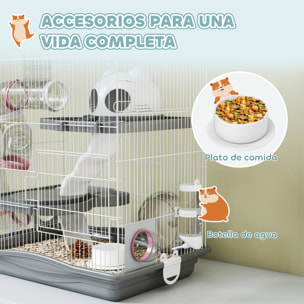 Jaula para Hámster, 45x30x45 cm, Casa para Animales Pequeños con Túnel, Plataformas, Cuenco, Bebedero, Casita, Rampas y Rueda de Ejercicio, para Hámsteres Enanos, Jerbos, Gris