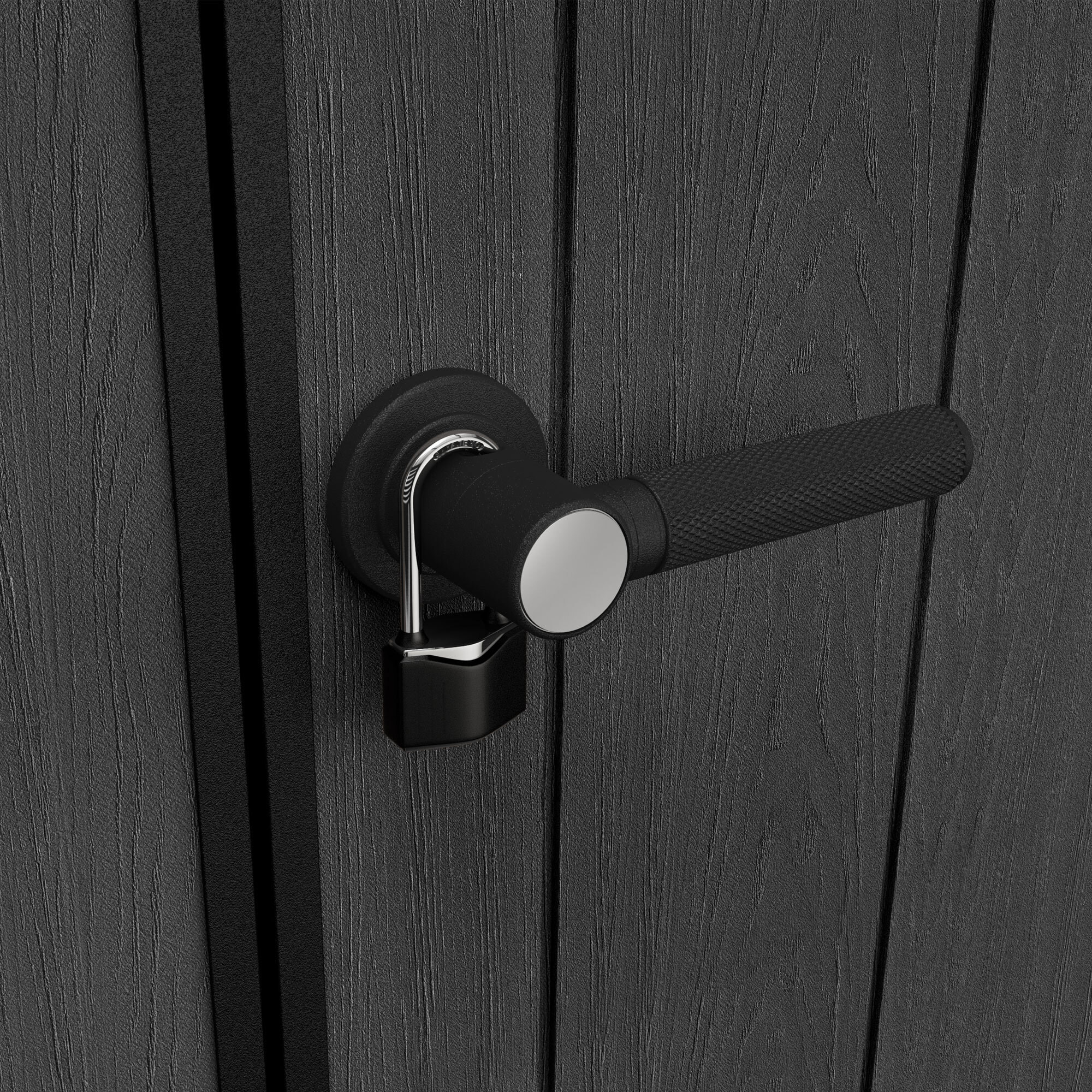 Newton + 759/975 - Casetta da Giardino 287x246x230 cm 2 Ante per deposito attrezzi finitura effetto legno Evotech+ in Resina Grigio e Nero