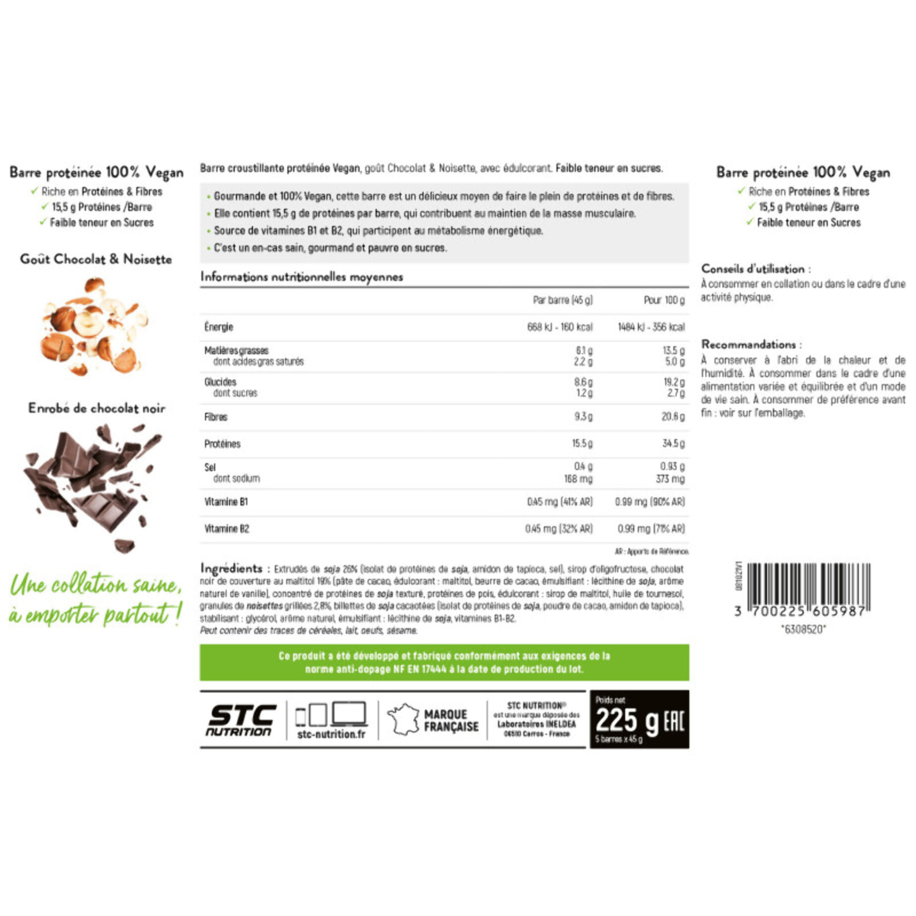 STC Nutrition - Protein Bar Vegan Chocolat Noisette - 15,5 g de Protéines par Barre - Riche en Fibres - 100 % Vegan - Lot de 3 Étuis de 5 Barres x 45 g