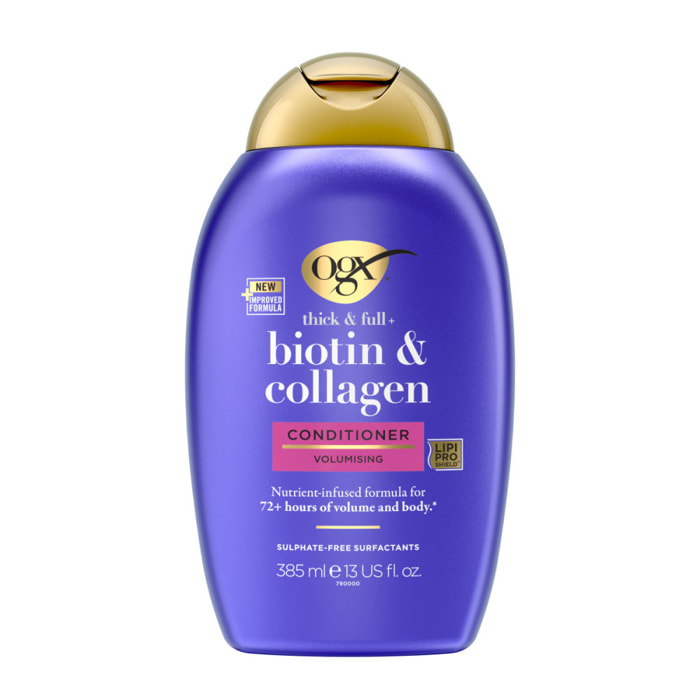 OGX Après-Shampooing Volumateur Biotine & Collagène, 385 ml – Soin capillaire avec formule infusée de nutriments – Sans sulfate