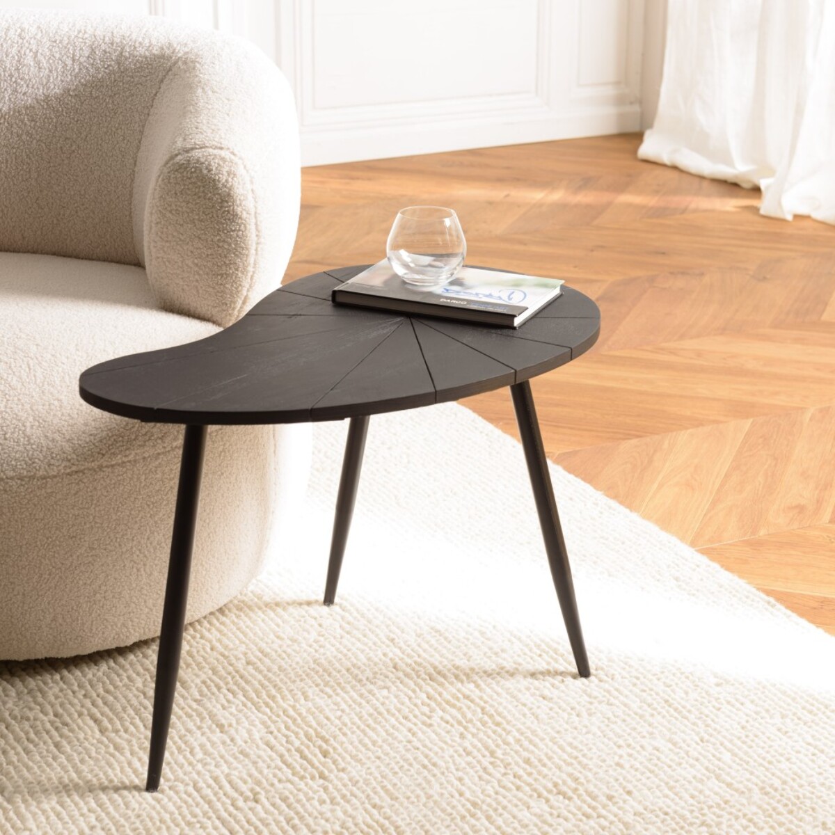 JAMES - Table d'appoint ovoïde plateau texturé noir mat pieds fer noir