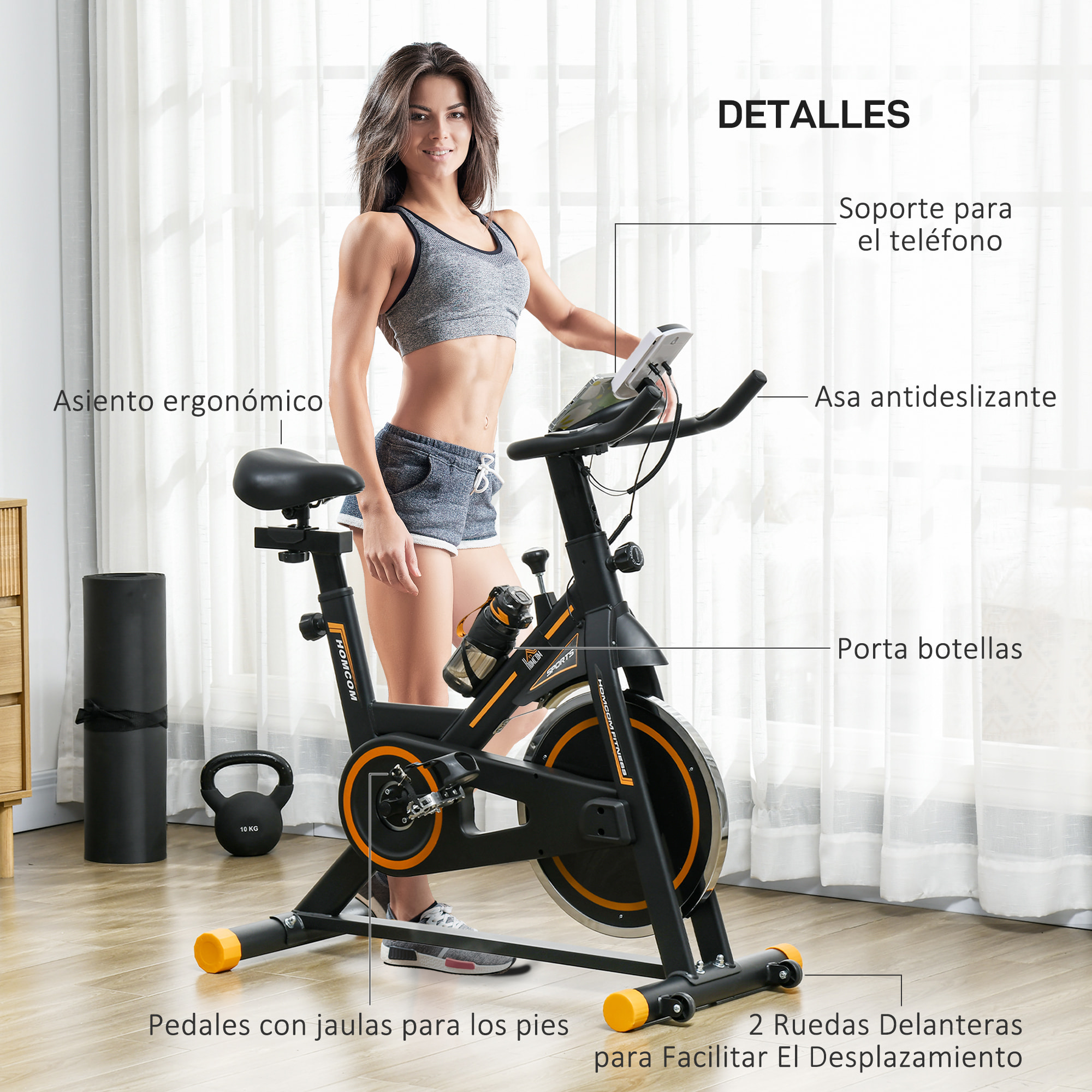 Bicicleta Estática Bici Estática con Volante 8 kg Resistencia Ajustable Pantalla LCD Pulsómetro Ejercicio Silencioso y Asiento Ajustable Carga 120 kg para Casa Gimnasio Negro y Naranja