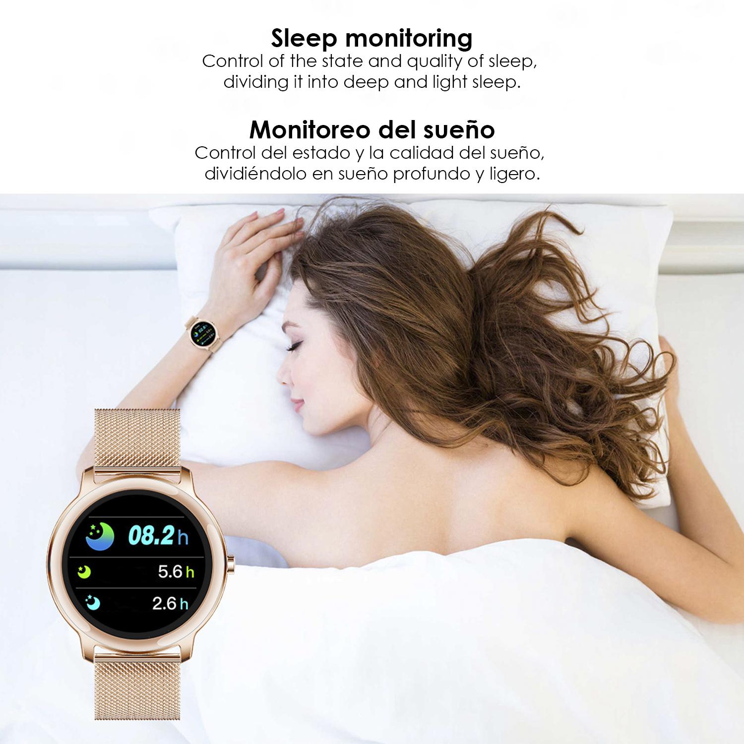 Smartwatch R18 con monitor cardiaco dinámico, tensión, oxígeno en sangre y notificaciones.