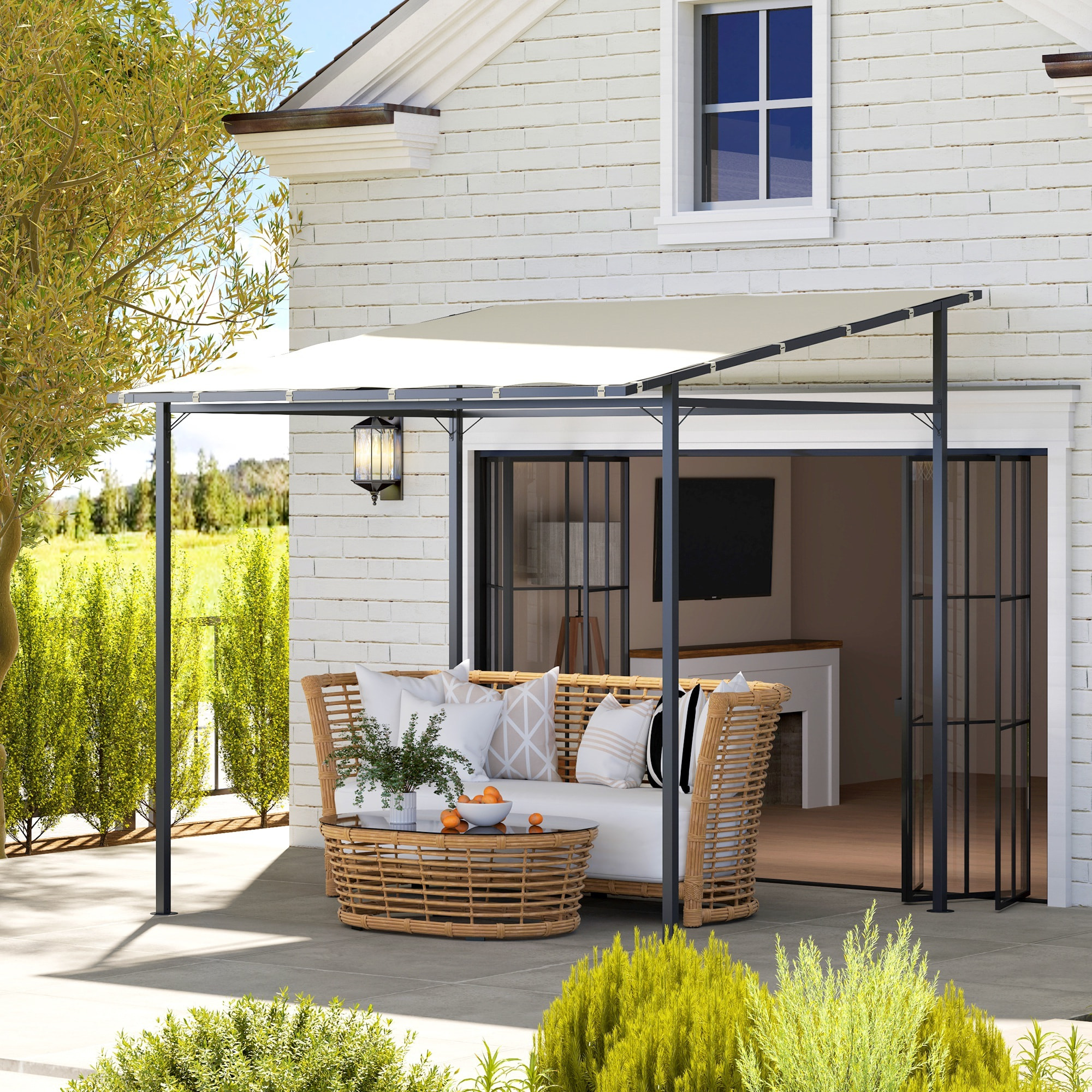 Pérgola de Pared 2,4x2,4 m Cenador de Jardín con Techo Inclinado Protección UV 30+ Impermeable y Marco de Metal para Patio Terraza Balcón Crema
